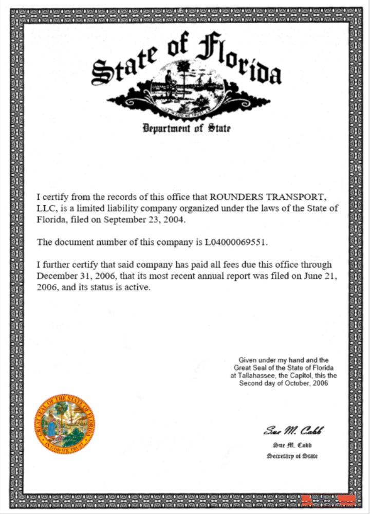 USA State of Florida certificate of business license Word and PDF template